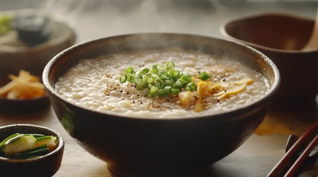 A bowl of chicken congee garnished with green onions and ginger