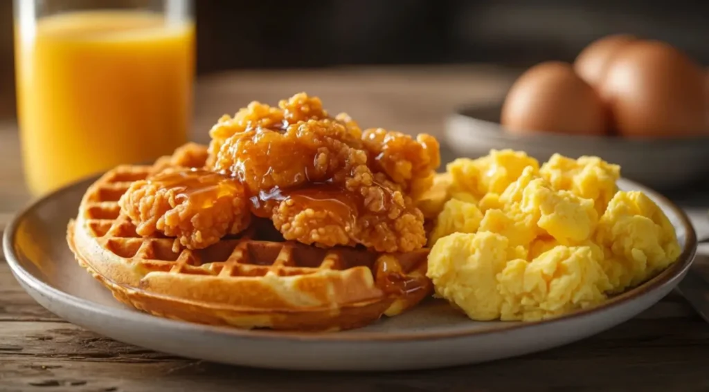 A delicious breakfast plate featuring chicken and waffles with syrup