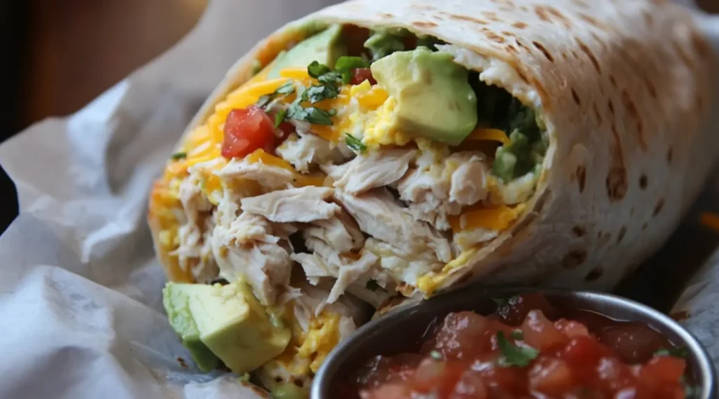 A chicken and egg breakfast burrito cut in half showing the filling