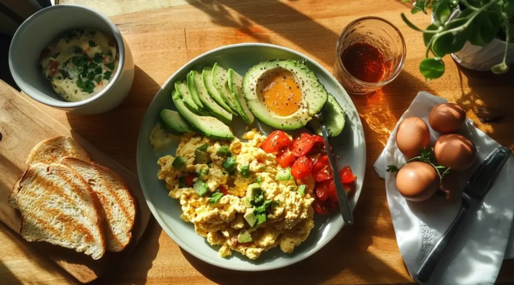 Scrambled eggs and grilled chicken breakfast with avocado and toast