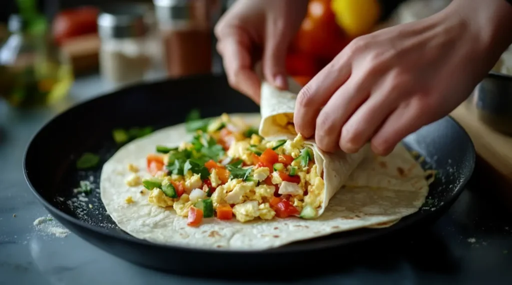 Hands assembling a chicken breakfast burrito with eggs, cheese, and veggies on a tortilla