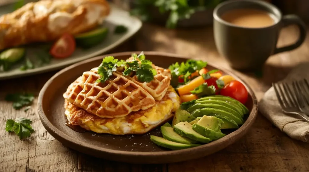 A rustic breakfast table featuring chicken and waffles, omelet, and coffee