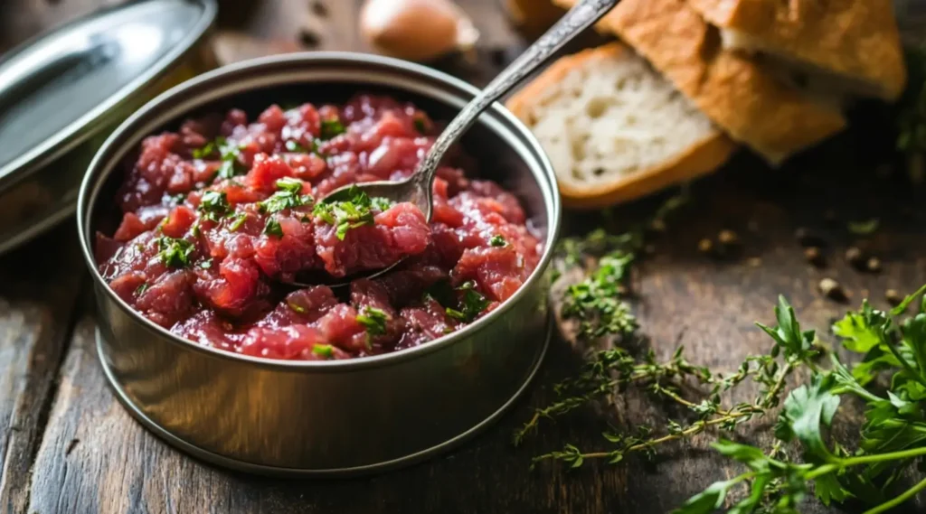 Open canned corned beef with a spoon and bread on a rustic table