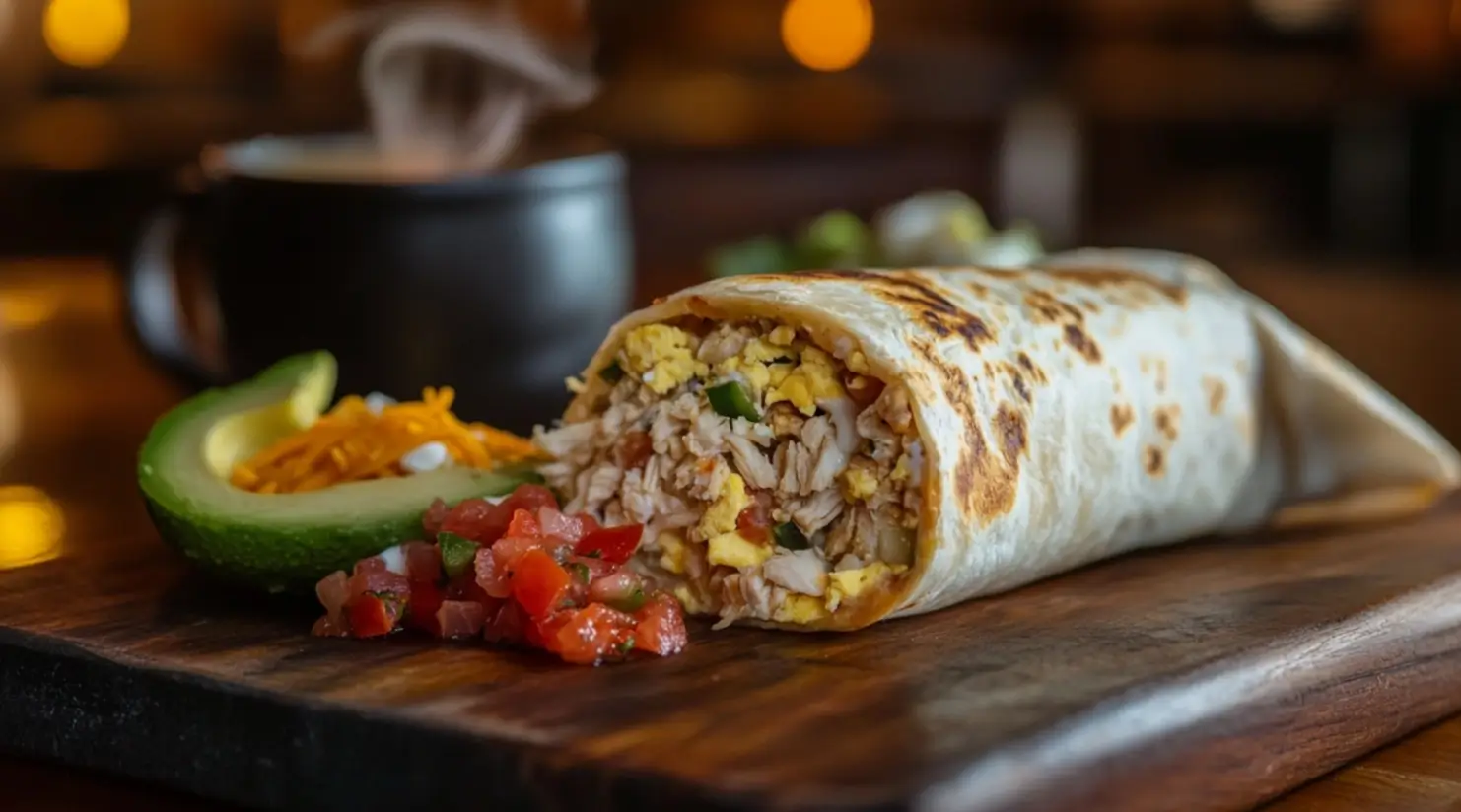 Freshly made chicken breakfast burrito with eggs, cheese, and veggies on a wooden board