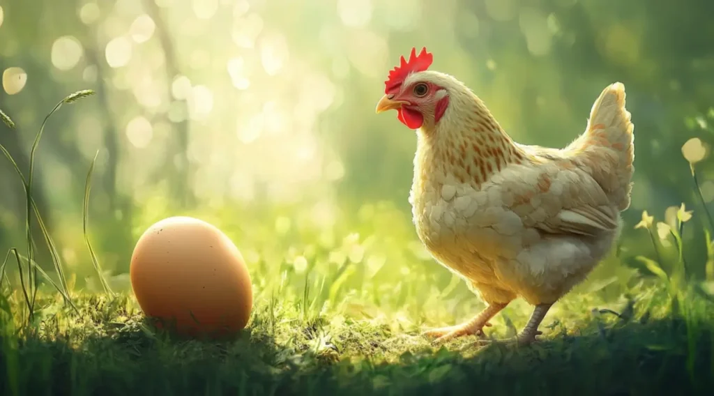 A chicken standing beside a fresh egg on a green farm, symbolizing the mystery of the chicken and egg debate