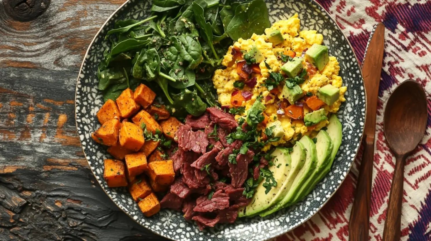 A breakfast plate featuring corned beef, scrambled eggs, spinach, roasted sweet potatoes, and avocado.