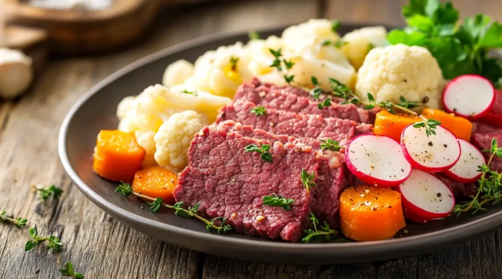 Corned beef served with roasted cauliflower, carrots, and radishes on a rustic wooden table.