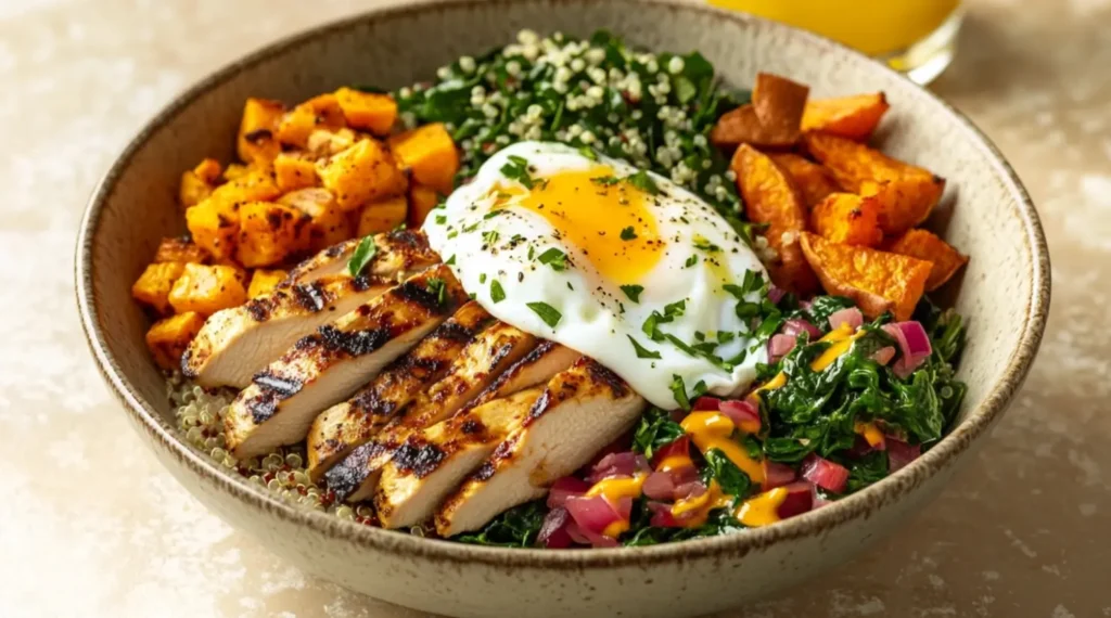 A vibrant chicken breakfast bowl with quinoa, spinach, and a poached egg.