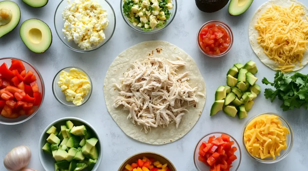 Ingredients for a chicken breakfast burrito, including chicken, eggs, cheese, veggies, and tortillas