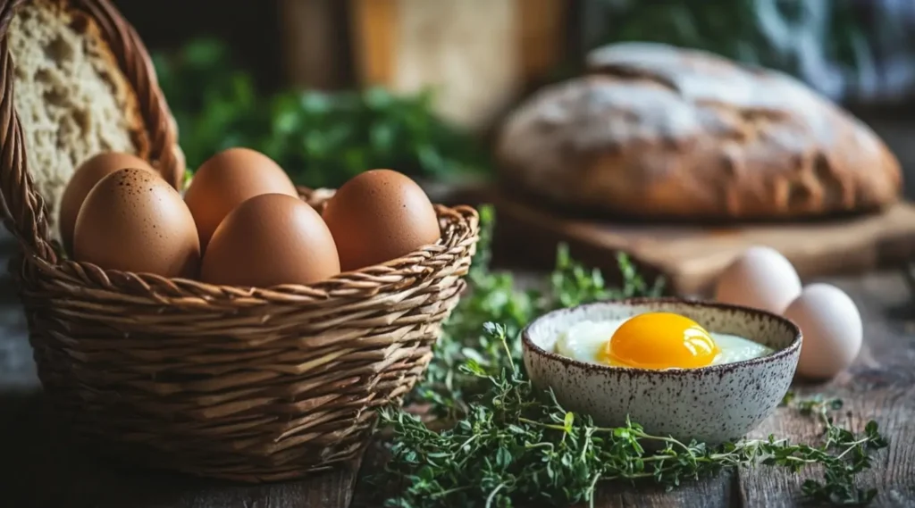 A basket of organic eggs with a cracked egg in a bowl, surrounded by herbs, symbolizing quality and nutrition