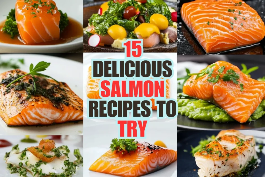 An assortment of vibrant salmon dishes, including smoked salmon bagels, breakfast bowls, and savory salmon crepes, beautifully arranged