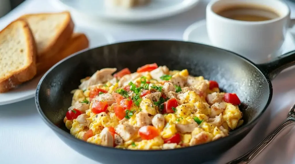 A skillet with scrambled eggs, diced chicken, and veggies on a breakfast table