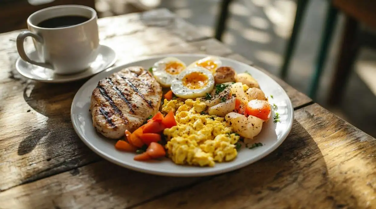 A plate with grilled chicken breast, scrambled eggs, and vegetables on a rustic breakfast table