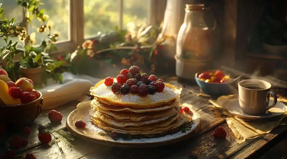 A stack of sourdough discard crepes topped with fresh berries and powdered sugar on a rustic table