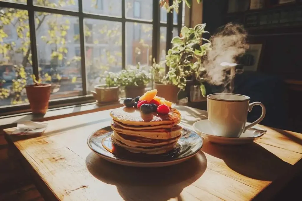 A stack of sourdough pancakes topped with syrup and fruit on a rustic table