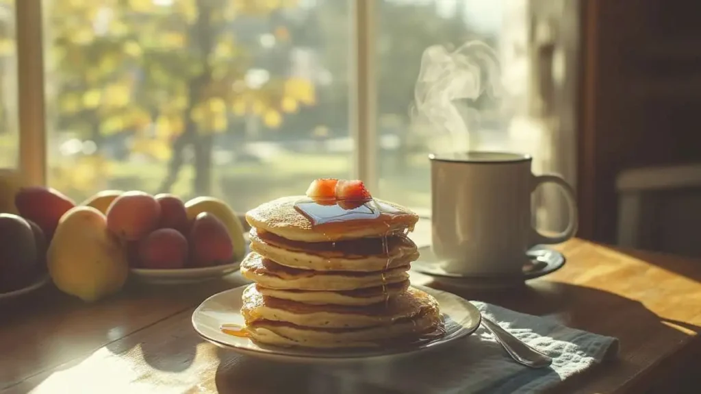 Stack of sourdough pancakes drizzled with syrup on a breakfast table