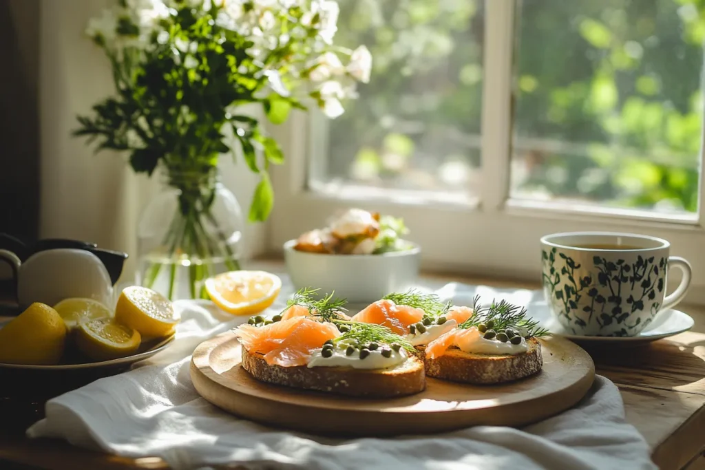 Leftover Salmon Toasts on sourdough bread with cream cheese, salmon, dill, and capers, styled on a breakfast table.