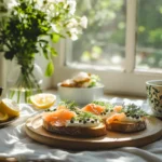 Leftover Salmon Toasts on sourdough bread with cream cheese, salmon, dill, and capers, styled on a breakfast table.