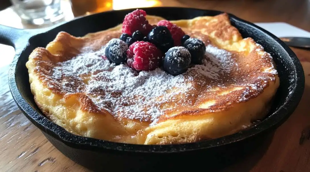 Sourdough German pancake in a cast iron skillet topped with powdered sugar and berries